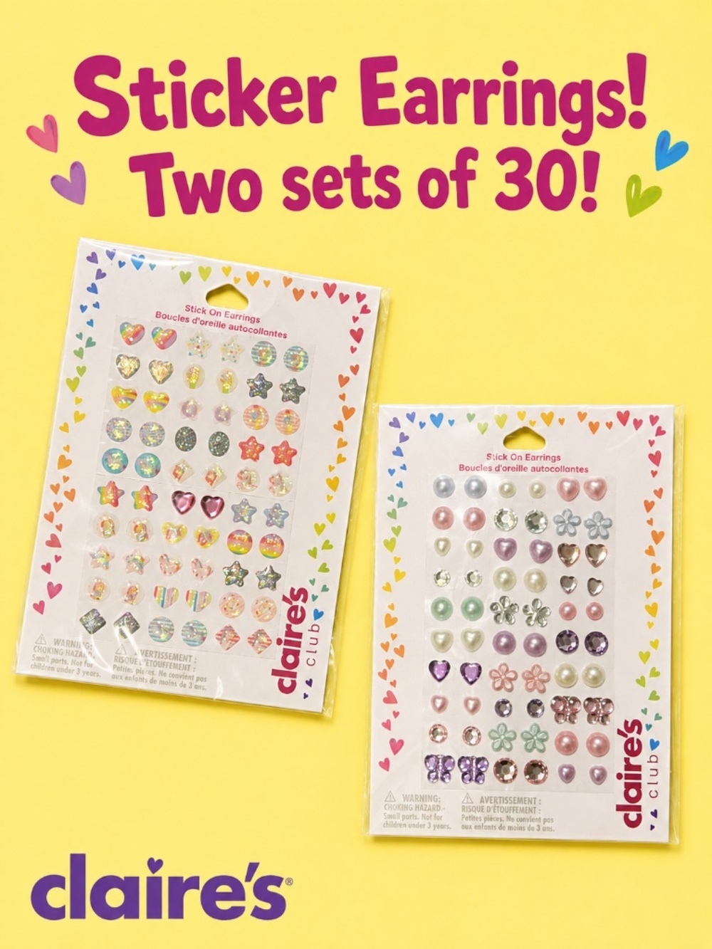 Claire’s Stick-On Earrings Bundle | 2 Packs | Hearts, Pearls, Stars & Flowers